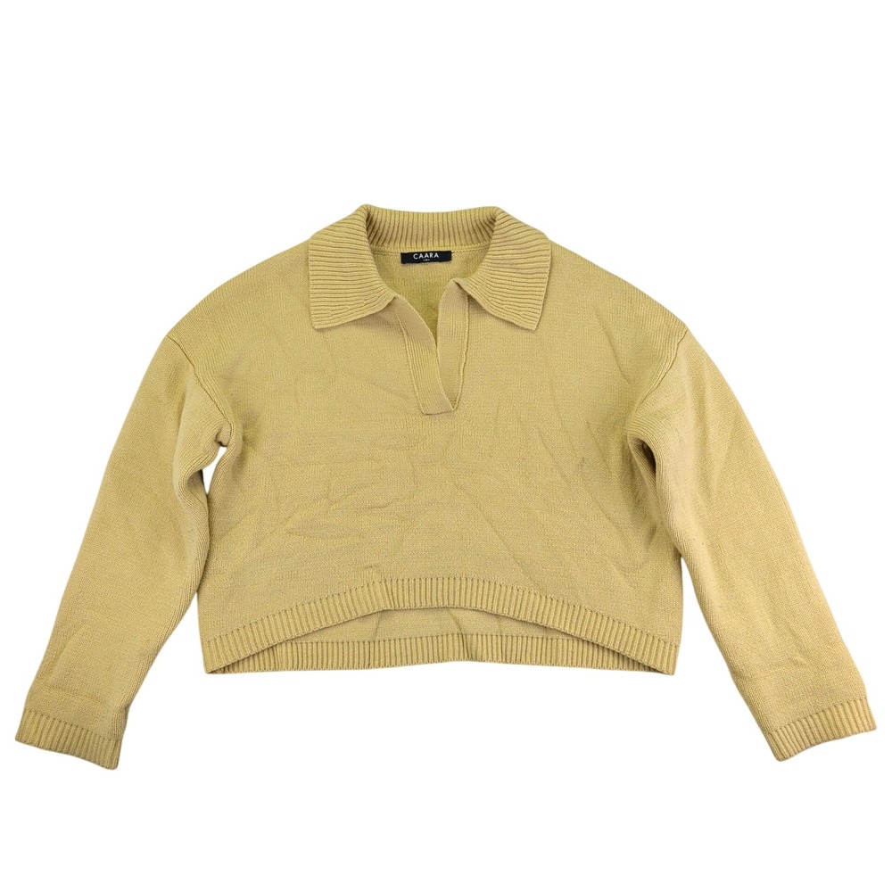 CAARA Mustard Yellow Collared Knit Sweater Cropped Pullover‎ Womens Medium Prep